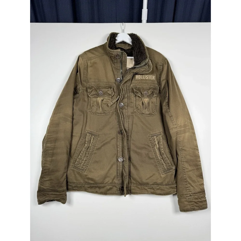VTG Hollister Carpinteria Brown/Olive Faux Fur Lined Field Jacket L Distressed